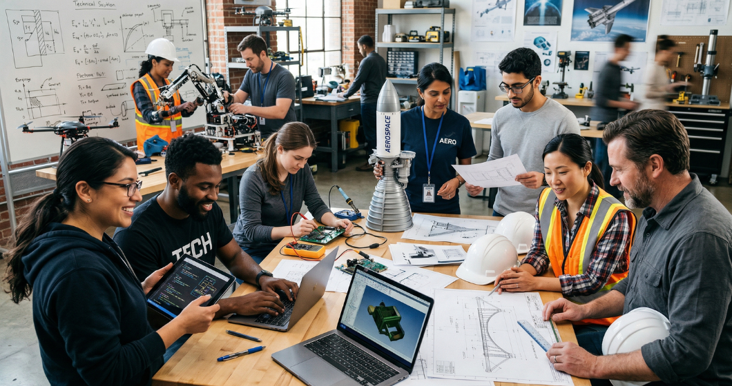 Ingenieros y técnicos STEM de distintos perfiles trabajando juntos en un taller de innovación con equipos electrónicos, diseño CAD y prototipo de motor aeroespacial